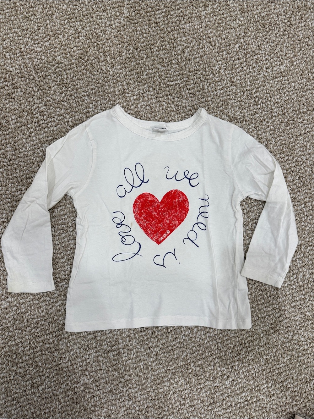 Bonton White Long Sleeve Tee with Red Heart and Navy Script